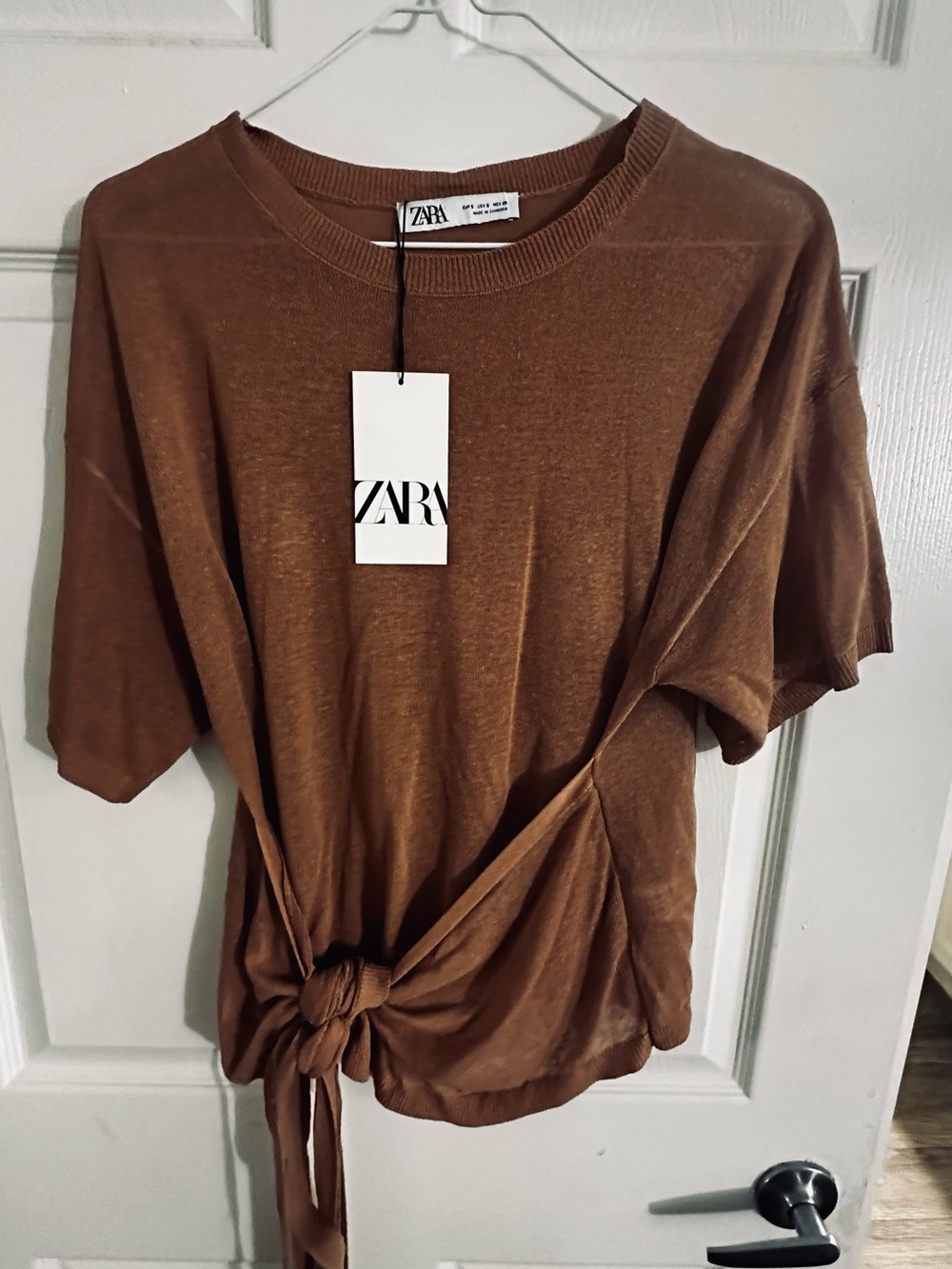 Zara Brown Short Sleeve Tie-Front Top